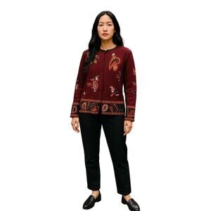 Coldwater Creek Women’s M Burgundy Paisley Embroidered Cardigan Sweater Ramie